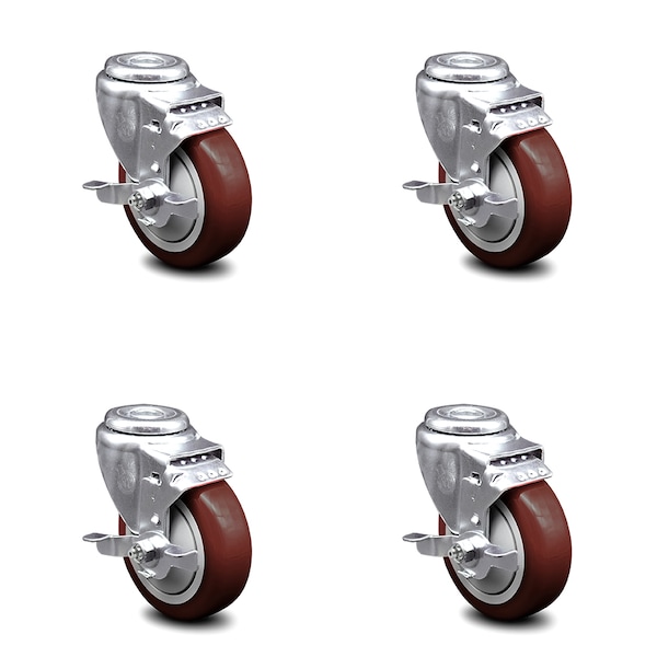 4 Inch Maroon Polyurethane Wheel Swivel Bolt Hole Caster Set with Brake SCC